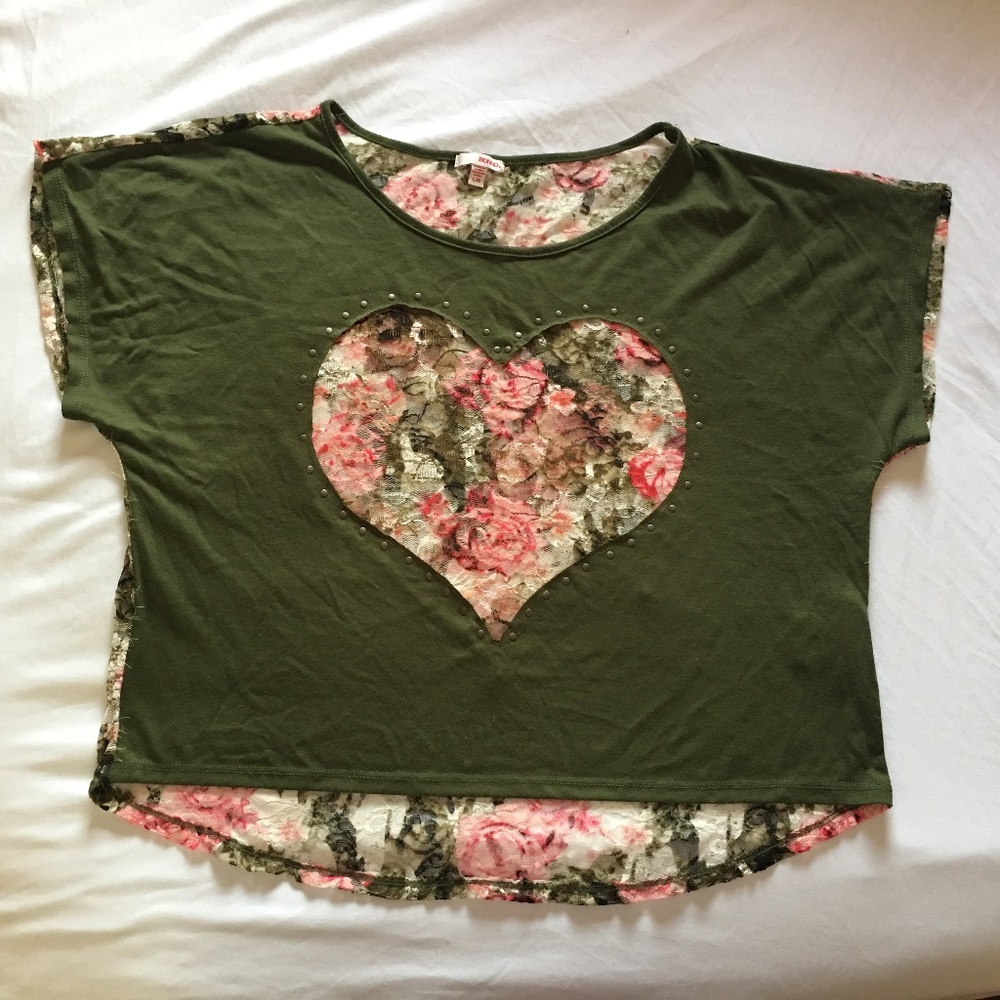 Rose Pattern Lace Olive Shirt with Heart Cut Out